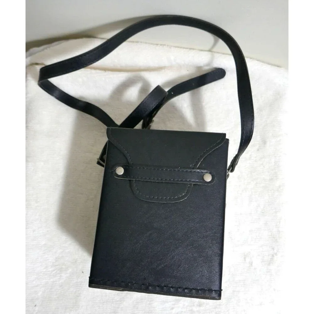 Vintage Black Leather Square Rigid Camera Case Kit Bag w Strap Movie Prop Rare